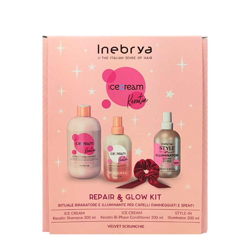 Inebrya Ice Cream Keratin Repair & Glow Kit, rituale riparatore e illuminante per capelli danneggiati e spenti