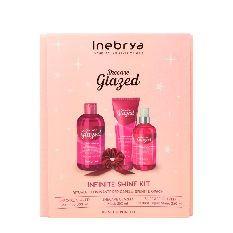 Inebrya Shecare Glazed Infinite Shine Kit, rituale illuminante per capelli spenti e opachi